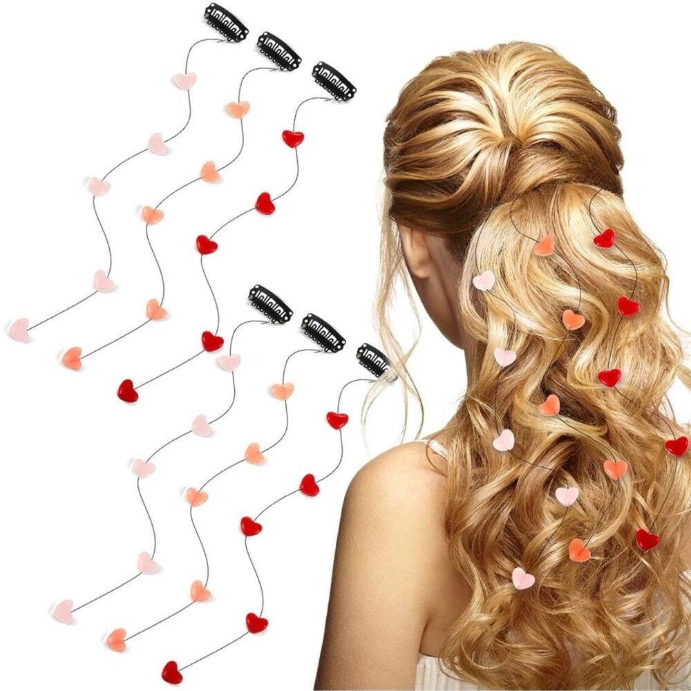 Red Pink Peach Hearts Hair Extensions Clip Ins Y2K Festival Party Glamour Set